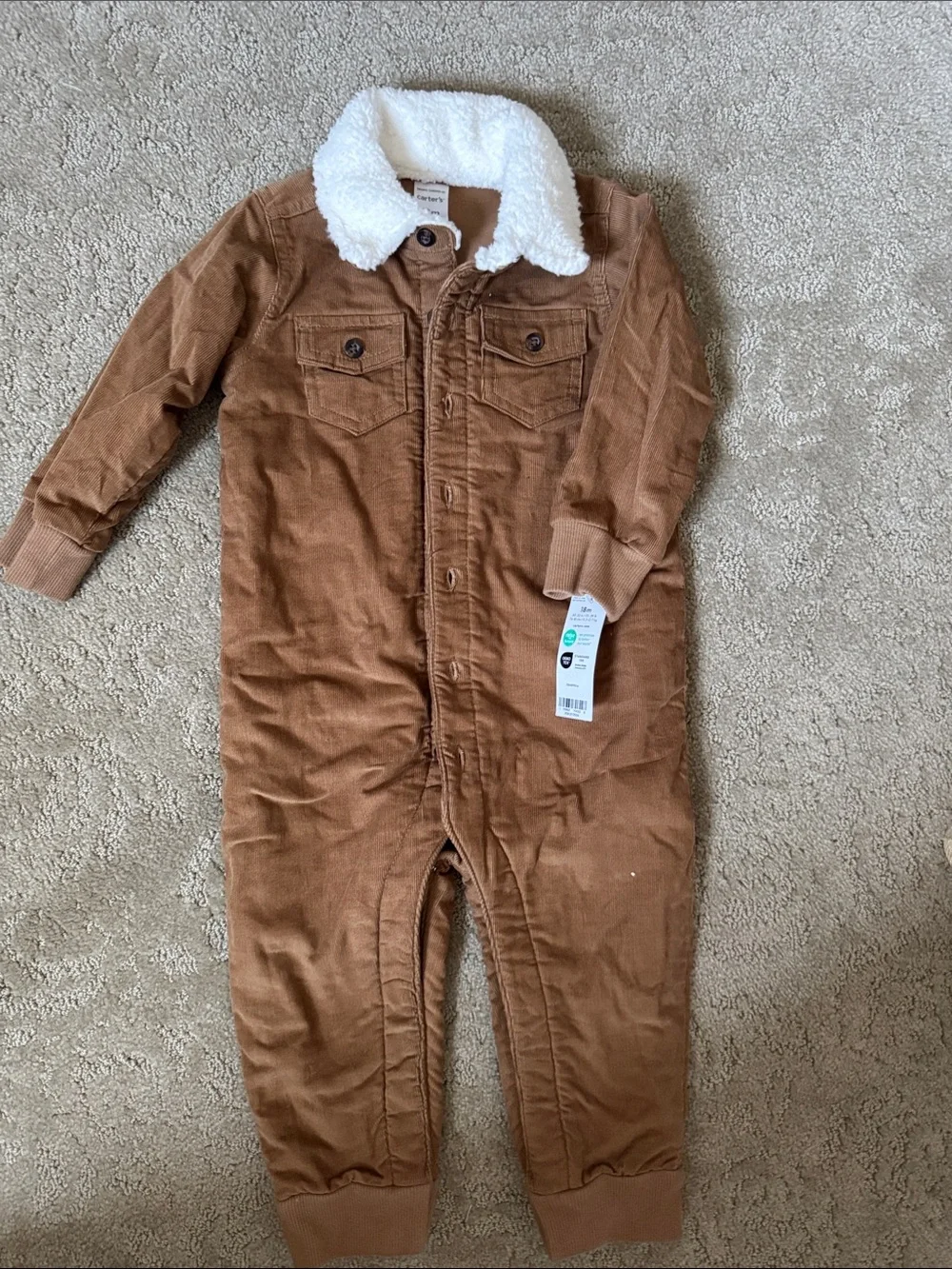 Carter's Brown Corduroy-Look One-Piece with White Sherpa Collar